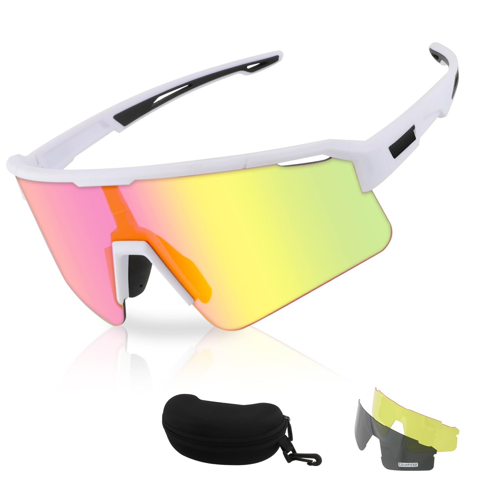 Occhiali da sole fashion per donne e uomini – Set con 3 lenti intercambiabili – Lenti polarizzate nero, giallo, arcobaleno – Con custodia rigida