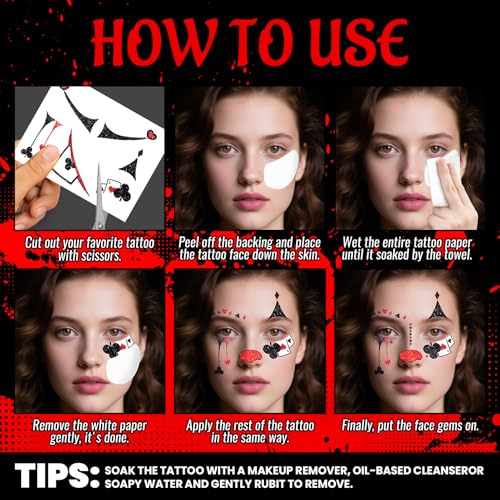 Halloween Clown Face Makeup Temporary Tattoos+Black Red Faces Gems - image 4