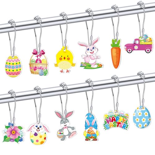 12 Pcs Happy Easter Shower Curtain Hooks Bunny Egg Bathroom Decor Sets Carrot Chick Rabbit Shower Curtain Rings Hooks Gnome Stainless Rustproof Bedroom Pendants Decorative