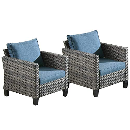 Ovios Patio Furniture Sets 2 PCS Wicker Chairs Porch Rattan Chairs All Weather Outdoor Single Chairs Patio Dining Chairs Garden, Backyard, Steel (Grey-Denim Blue)