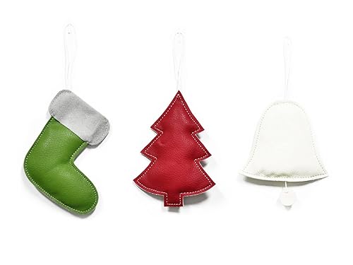 PU Leather Christmas Ornament Set Home Decoration Pack of 3 Set 1 One Off-white Stocking One Green Tree and One Red Bell One Green Stocking One Red