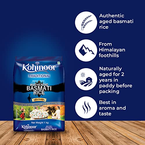 Image of Kohinoor Traditional Authentic Basmati Rice, 1 kg | From Foothills of the Himalayas | Naturally Aged for 2 Years | Aromatic, Long-Grain & Fluffy Rice