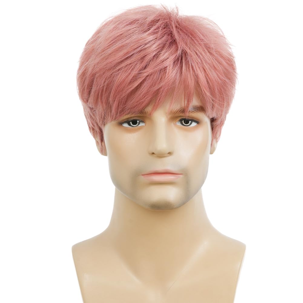 Tseses Mens Pink Short Wigs with Bangs Layered Side Part Synthetic Wig Natural Fluffy Male Hair Wig Halloween Daily Hair Wigs for Male Guy