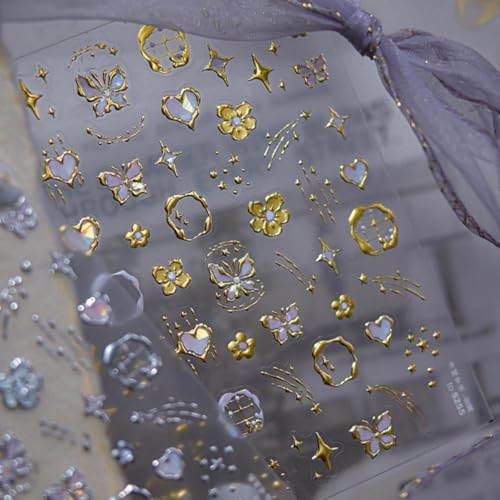 Image of Gold Nail Stickers Decals Flower Nail Art Stickers Butterfly Nail Decals 5D Embossed with Design Self Adhesive Nails Charms for Women Girls Kid Manicure DIY Decoration Accessories