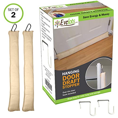 Evelots Door Window Draft Stopper-Block Cold,Heat-W/ Door Hook-Beige, Set of 2