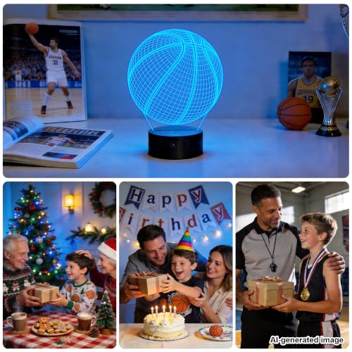 Image of FULLOSUN Basketball 3D Night Light Birthday Gift, Light Up Basketball 3D Illusion Lamp with Remote Control 16 Colors, Mothers Father Gifts Changing Sport Fan Room Decoration Boy Girl