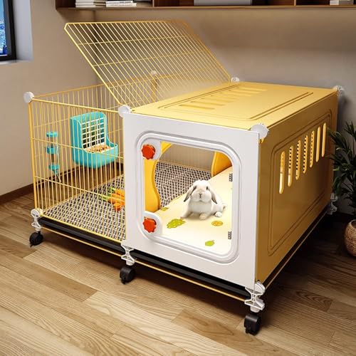 Jaula de interior para conejos con ruedas, casa para mascotas para conejos y cobayas, incluye comedero para alimentos, cuenco de agua, nido de hierba, fácil de limpiar