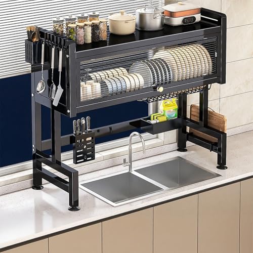 Escurreplatos Grande de Metal de 3 Niveles sobre el Fregadero con Tapa magnética: Organizador de Cocina Que Ahorra Espacio, Mueble escurridor Negro (105 cm) para un Secado eficiente.