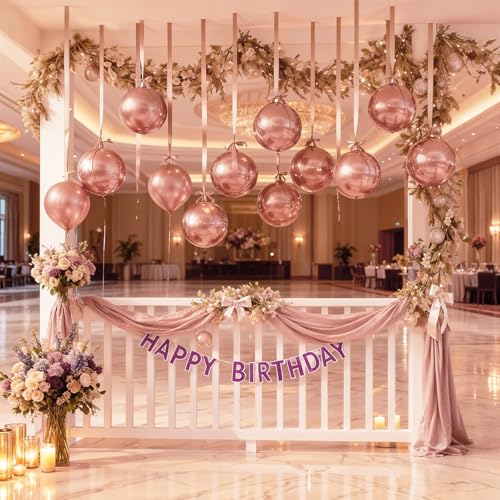 Image of 14 Pcs Rose Gold Round Foil Balloons 22 /15 /10 4D Ball Balloons Rose Metallic Balloon Ornament Mylar Balloon Chrome for Women Birthday Graduation Wedding Anniversary New Year Disco Party Decor