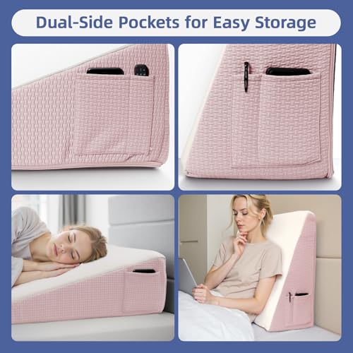 Wedge Pillow for Headboard, 7.5’’ Triangle Elevated Bed Wedge Pillow for Acid Reflux Relief, Sleeping, Post Surgery, Back Pain Relief, Snoring, Soft Memory Foam Top & Washable Breathable Cover, Pink