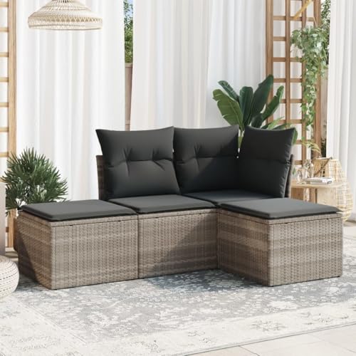 GeenYuu Juego de 4 sofás de jardín gris claro de ratán sintético con cojines, resistente a la intemperie, para balcón, terraza y jardín, conjunto de asientos modulares con taburete