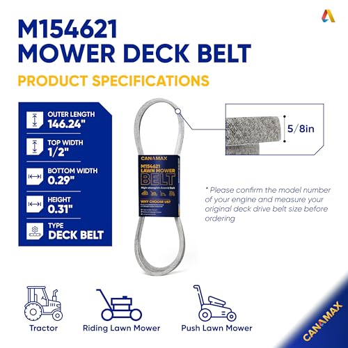 Image of M154621 Mower Belt - Fits 42 inch Deck J-Deere X300 X304 X310 Lawn Tractors & 48 inch Deck EZtrak Series Z245 Zero-Turn Mower | Aramid Cord | 1 /2'' x 146 1 /4''