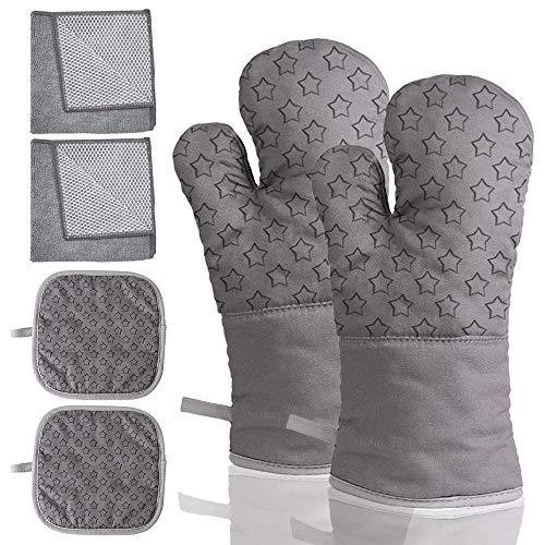 Lightone Oven Mitts Heat Resistant 500 Degrees Non Slip Oven Gloves with Inner Cotton Layer Heat Resistant Pot Holders，Professional Heat Resistant Kitchen Cooking Mitts 6-Piece SetGrey