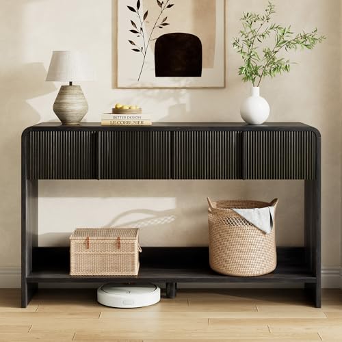 Image of AMERLIFE 55 inch Fluted Console Table with 2 Drawers and Open Shelf, Modern Entryway Table with Rounded Edges, Wood Sofa Table for Hallway, Foyer, Behind Couch, Living Room, Black