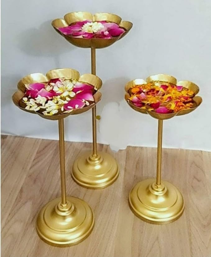 Image of Decorative Urli Bowl Tealight Holder Stand Set of 3 | Floating Diya Stand Home Decor Showpiece for Decoration | Diwali and Pooja