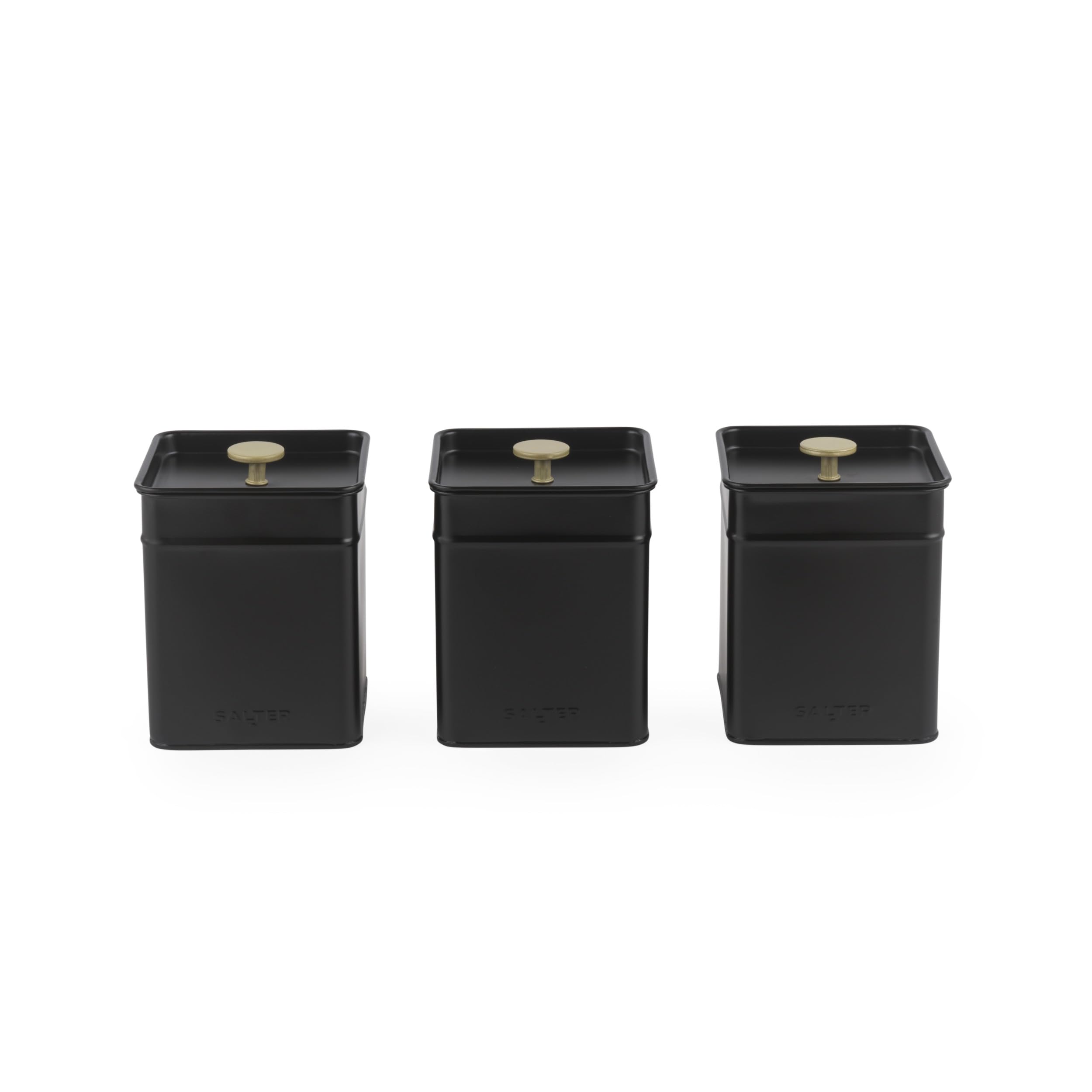 Salter Alchemy 3-Piece Canister Set – Kitchen Storage, Tea, Coffee, Sugar Tins, Powder-Coated Finish, Easy Open Lids, Long-Lasting Freshness, Easy Clean, Kitchen Food Storage Tins, Black/Gold