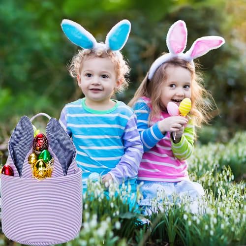 Image of Easter Basket Seersucker Egg Hunt Bunny Baskets for Kids with Cute Rabbit Ears Stripe Storage Gifts Candies Personalized Easter Party Gifts.
