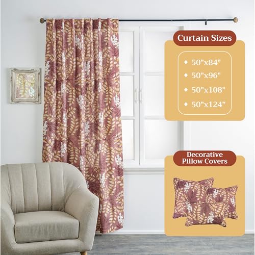 Image of Maison d' Hermine Curtains for Living Room 100% Cotton 50 inchx84 inch (Pack of 1) | 84 inches long Light Filtering Curtains for Windows Bedroom with Rod and Loop Pockets - Feuillage - Cameo Brown
