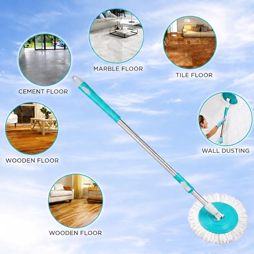 Image of Valora Global Stainless Steel Mop Stick Rod - 360 Extendable Spin Mop Handle, Heavy Duty Foldable Cleaning Pole for Floor - Cleaning Mop for Home (Pocha) (Cyan Blue)