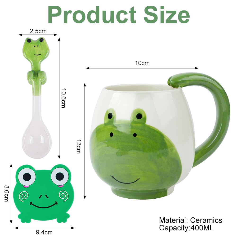 Filiżanka z żabą, 400 ml, ceramiczna filiżanka do herbaty, żaba, kubek z łyżeczką i podstawką, słodkie kubki, kubek z żabą, kubek na Boże Narodzenie, urodziny, prezent dla kobiet i mężczyzn