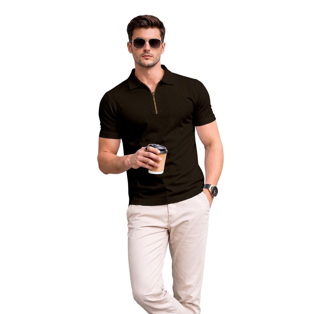 Men's Polyester Blend T Shirt with Spread Collar Neck Line Zipper Closure Half Sleeves Solid Pattern Regular Fit and Standard Length (Black) S-16-image-14