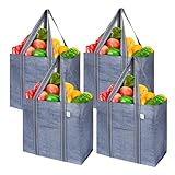 VENO 4 Pack Reusable Grocery Shopping Bag w/Hard Bottom, Front Pocket, Multi-Purpose Heavy Duty Tote, Utility Shopper Bag, Beach Bag, Stands Upright, Water-Resistant, Sustainable (Gray, 4 Pack)