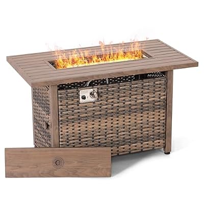 Nuu Garden 43” Propane Fire Pit, CSA-Listed Rattan Outdoor Fire Pit Table, 50,000 BTU Smokeless Gas Fire Table with Lid and Glass Beads, 2-in-1 Rectangular Fire Table for Outside Backyard Patio, Brown