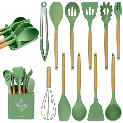 MYKUJA Silicone Cooking Utensils Set, Heat Resistant Kitchen Utensils Set, Spatula,Turner Tongs,Spoon,Brush,Whisk, Cooking Kitchen Utensils Spatula Set, Nonstick Cookware?sage green?