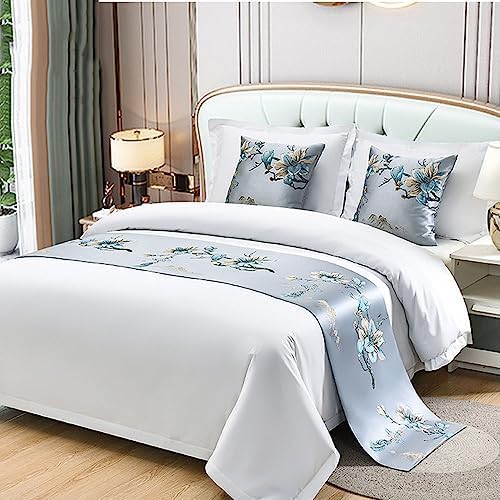 DSAoTeng Bed Runners,Hotel Scarf Bedspread Scarves Home Decoration Bed Scarf Bedding Bed Towel Luxury Protection for Bed Cover Single Double Super King Size (Blue Flower,50x240cm for 180cm bed)