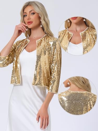 Image of Allegra K Sequin Cardigan for Women's Glitter 3 /4 Sleeve Open Front Party Club Jackets X-Large Gold