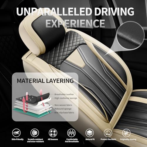 Image of Car Seat Covers Compatible with Chevy Equinox 2011-2026, Premium Leather Breathable, Wear Resistant, Airbag Compatible, All-Weather Protection & Full Coverage, 2 Front Seat Beige&Black