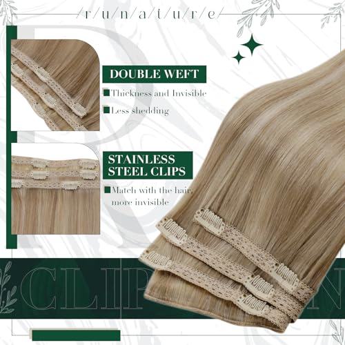 RUNATURE Clip-In Real Hair Extensions, Blonde Highlighting, 25 cm, 3 Pieces, Seamless Clip-Ons, Golden Blonde, 50 g - Image 2