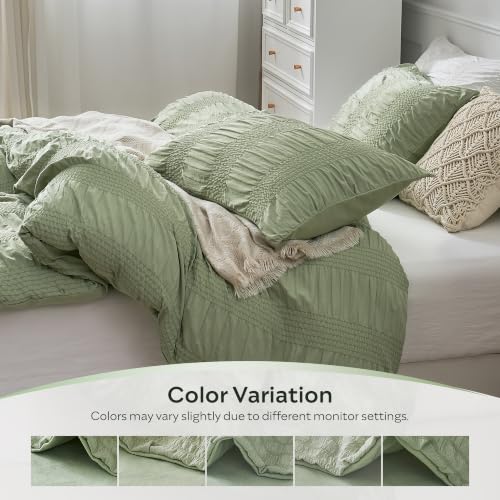 Image of JELLYMONI Seersucker Duvet Cover Set Queen, 3pcs Light Green-Wide Polyester | In Master Bedroom, Couples Pick, Crinkled Texture, Oeko-Tex Certified, 8 Corner Ties & Hidden Zipper