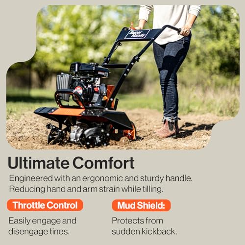 Image of SuperHandy Tiller Cultivator 2.5HP 79cc 4 Stroke Ultra Duty 4 Premium Steel Adjustable Forward Rotating Tines for Garden, Lawn, Digging, Root /Weed Removal and Soil Cultivation