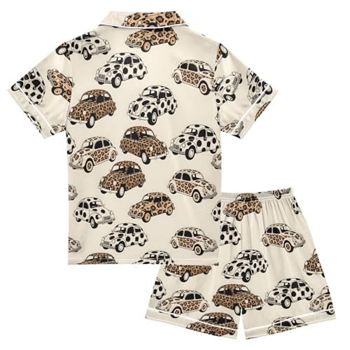 Leopard Car Print Summer Pajamas Set Soft Satin Pjs Sets 2 Piece Short Sleeve Sleepwear Casual Clothes2
