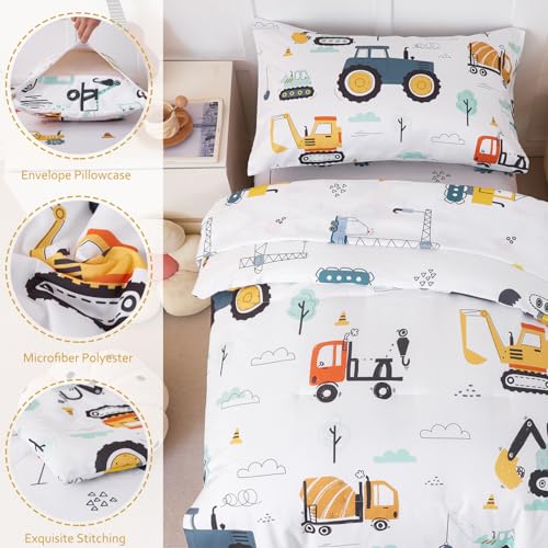 Image of PERFEMET Car Printed Toddler Comforter Set, 4 Pieces Toddler Bedding Sets for Boys, Reversible Tractors Pattern Teen Boy Bed in A Bag Comforter Set with Sheets (Tractor, Toddler)