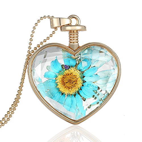 Stayoung clásica Corazón-form azul joyería seco girasol transparente señorías largo de la cadena collar colgante cristal