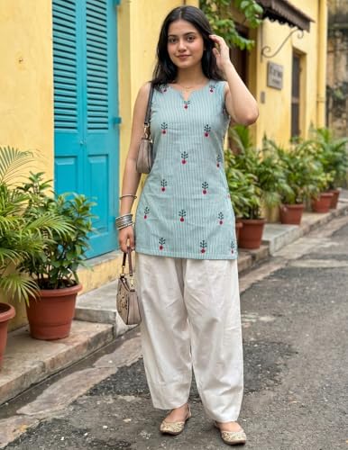 Image of Youthnic Women's Cotton Embroidered And Stripes Work Summer Wear Straight Kurti With farshi Salwar | Co Ord Set for Women Stylish | Office wear Kurta Set