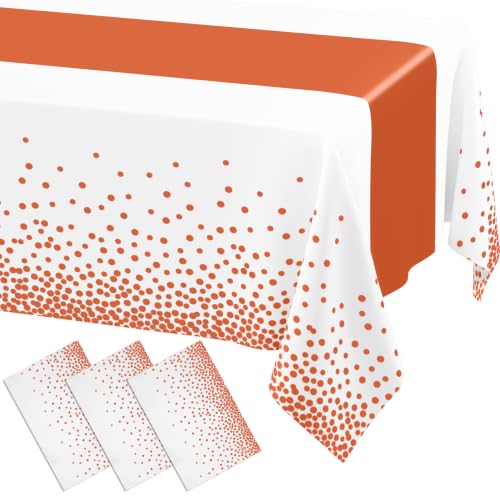 Image of Smiry Plastic Table Cloth Disposable 3 Pack, 54 x 108 Inch Rectangle Waterproof Tablecloth, Printed Gold Table Runner Style for Birthday Weeding, Party Decorations, & Sturdy, White and Rust