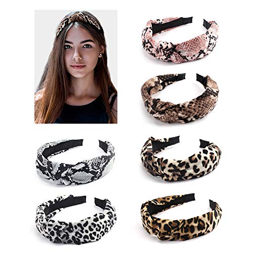 BAHABY Knotted Headbands for Women, 6 Pack Wide Elastic Leopard Print Turban Non-slip Top Knot Hair Bands for Outdoor Daily Dress, Gift Choice