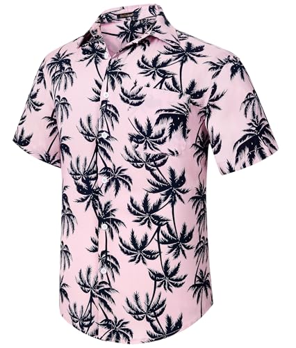Enlision Camisa Havaiana Masculina Manga Curta Camisas Flores Funky Estampadas Verão Casual Praia com Bolso S-4XL, Rosa + preto, 3XL