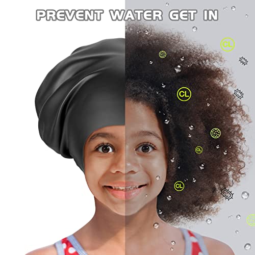 Youth Swim Cap For Girls Boys Youth Teens Junior Kids Swimming Caps For Long Hair Braids And Dreadlocks, Waterproof Silicone Cover Ear Black Bathing Pool Shower Swimming Cap To Keep Hair Dry #TOP4