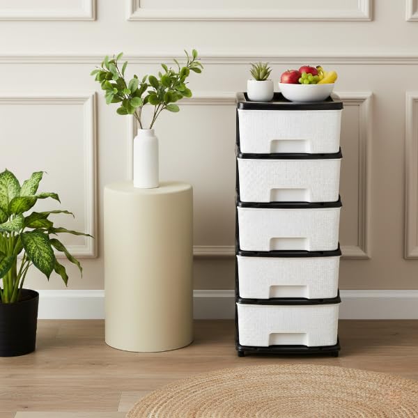 Image of Plastic Modular Drawer Storage Chest Of Drawers Organizer Storage Box, Large Stomo Racks For Multipurpose Anti-slip Shoes Organizers (White & Black, 5 Layer)