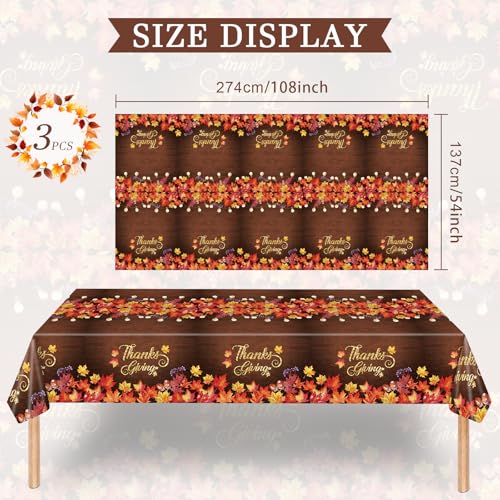 Image of Gistome 3 Pack 54 x 108 Inch Fall Maple Leaves Plastic Tablecloth - Rustic Thanksgiving Disposable Table Cover with Autumn Leaves and String Lights for Fall Harvest, Friendsgiving, and Seasonal Decor