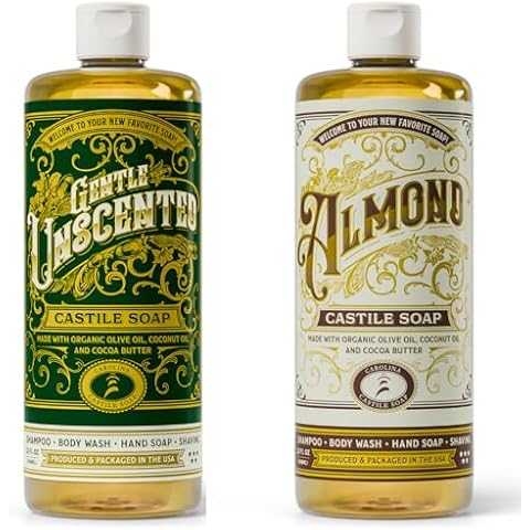 Carolina Castile Soap Unscented and Almond Castile Soap Liquid Bundle - 32 oz Vegan & Pure Organic Concentrated Non Drying All Natural Formula Body Wash & Shampoo Cover