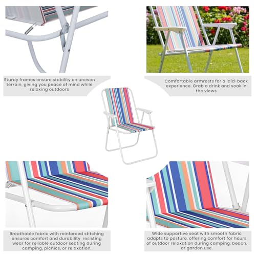 Image of Pivalo Folding Beach Chair with Arm Rest Portable Lightweight Rainbow Stripped Foldable Fishing Chairs for Travelling Picnic & Outdoor Camping Hiking Garden (Medium, Red Stripe)