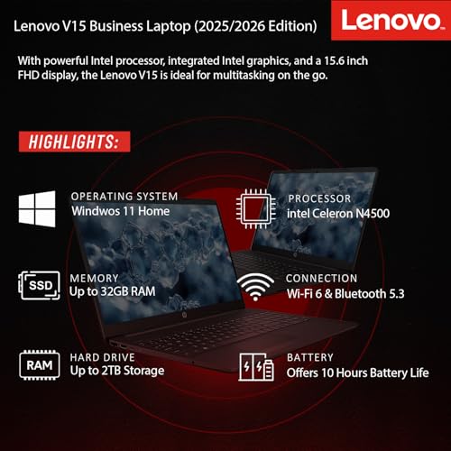 Image of Lenovo 2026 Newly Designed Business and Student Laptop, Intel Powerful Processor, 16GB RAM, 512GB SSD, 15.6 inch FHD Display, Ethernet RJ-45, Ultra Quiet Design, Long Battery Life, Wi-Fi 6, Windows 11