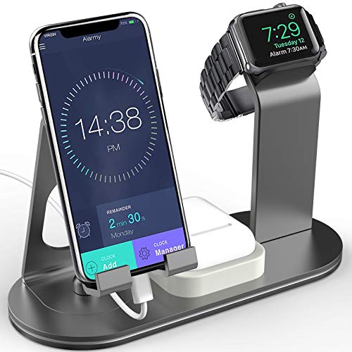 OLEBR Charging Stand Aluminum 4 in 1 Compatible for iWatch Series 5/4/3/2/1, AirPods and iPhone 11/ iPhone 11 Pro/iPhone 11 Pro Max/Xs/X Max/XR/X/8/8Plus/7/7 Plus /6S /6S Plus/iPad -Space Grey OB04