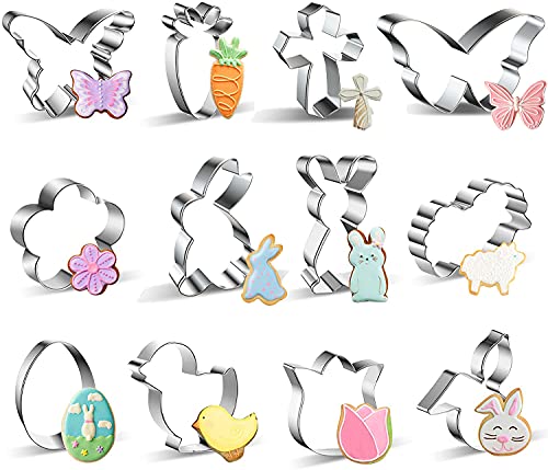 Ausstecher Ostern, 12Plätzchen Ausstechformen Ostern Set, Ostern Edelstahl Ausstechformen, Keksausstecher Ostern, Osterplätzchen für Backen, Hase, Karotte, Küken, Ei,Häschenkopf,Blume, Schmetterling Cover