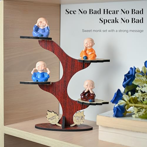 Image of HindCraft Decorative Buddha Monk Figurines Set of 4 with Tree and Wooden Base | Baby Monks for Meditation & Calm Home Decor